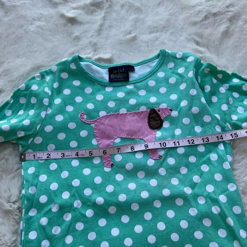 Mini Boden Long Sleeve Crew Neck T Shirt Polka Dot Dog Patch Pink Teal 9-10Y